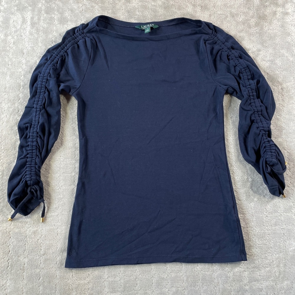 Lauren Ralph Lauren‎ Top Blouse Womens Medium Navy Ruched Sleeve Preppy Luxury